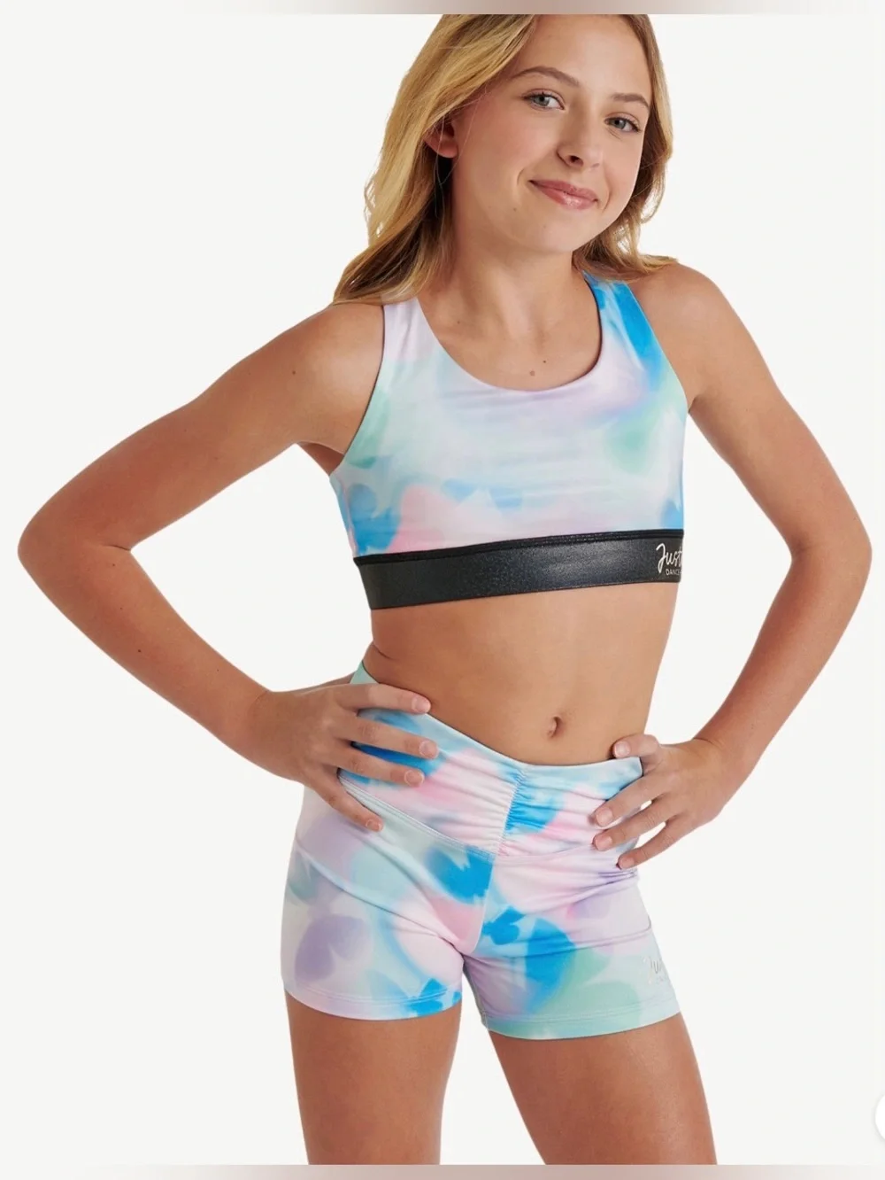 Justice Pastel Tie-Dye Sports Bra - Pink Blue Purple with Black Band